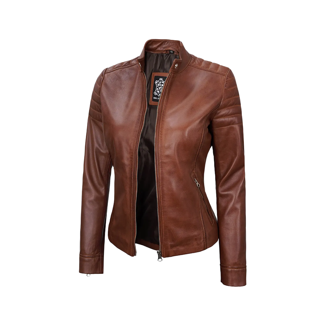 Women's Cognac Brown Cafe Racer Leather Jacket