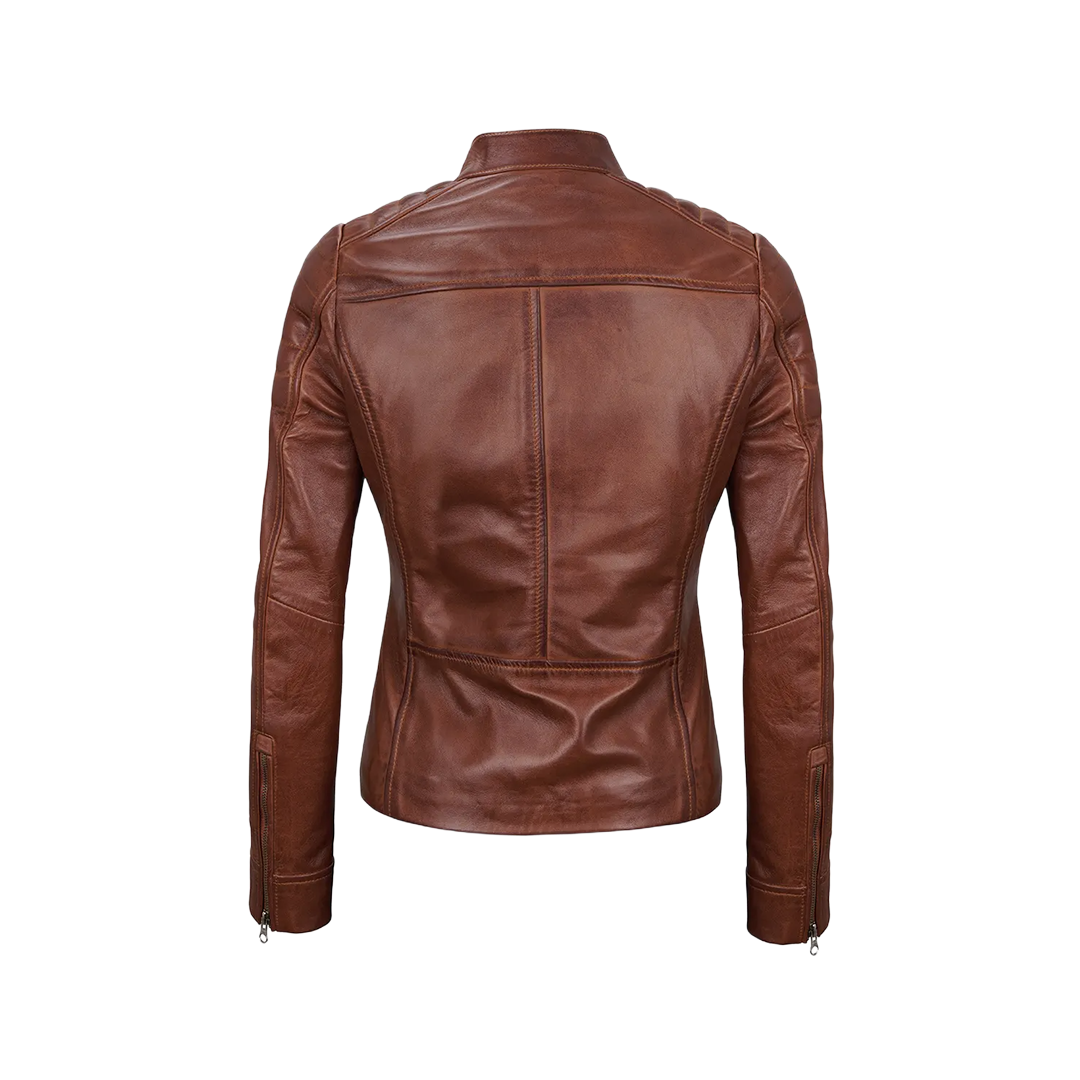 Women's Cognac Brown Cafe Racer Leather Jacket