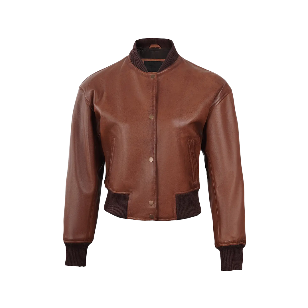 Women's Cognac Brown Cropped Bomber Leather Jacket