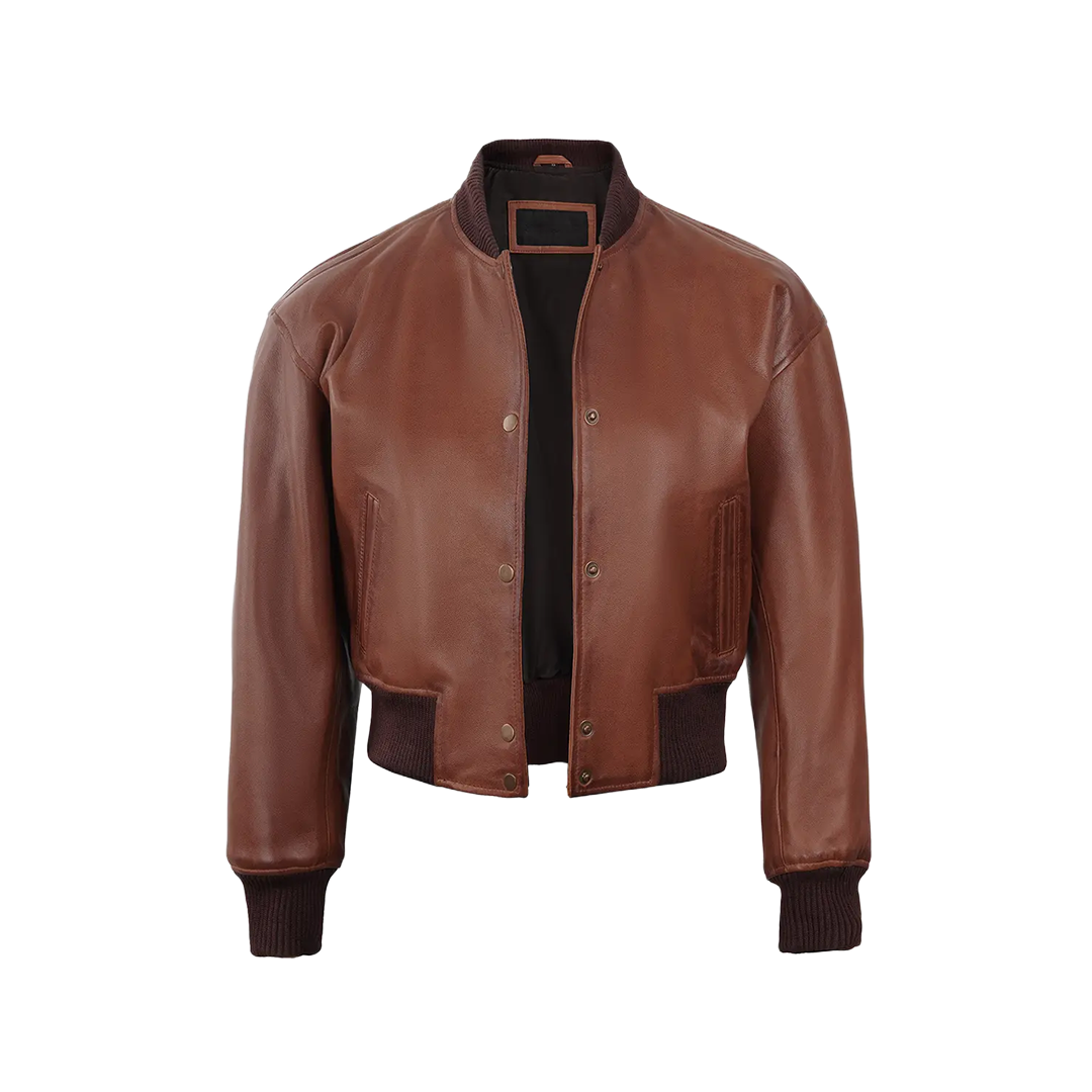 Women's Cognac Brown Cropped Bomber Leather Jacket