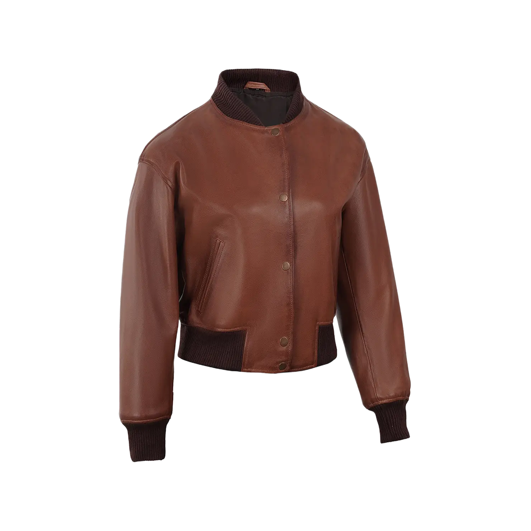 Women's Cognac Brown Cropped Bomber Leather Jacket