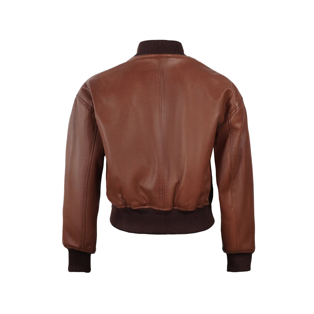 Women's Cognac Brown Cropped Bomber Leather Jacket