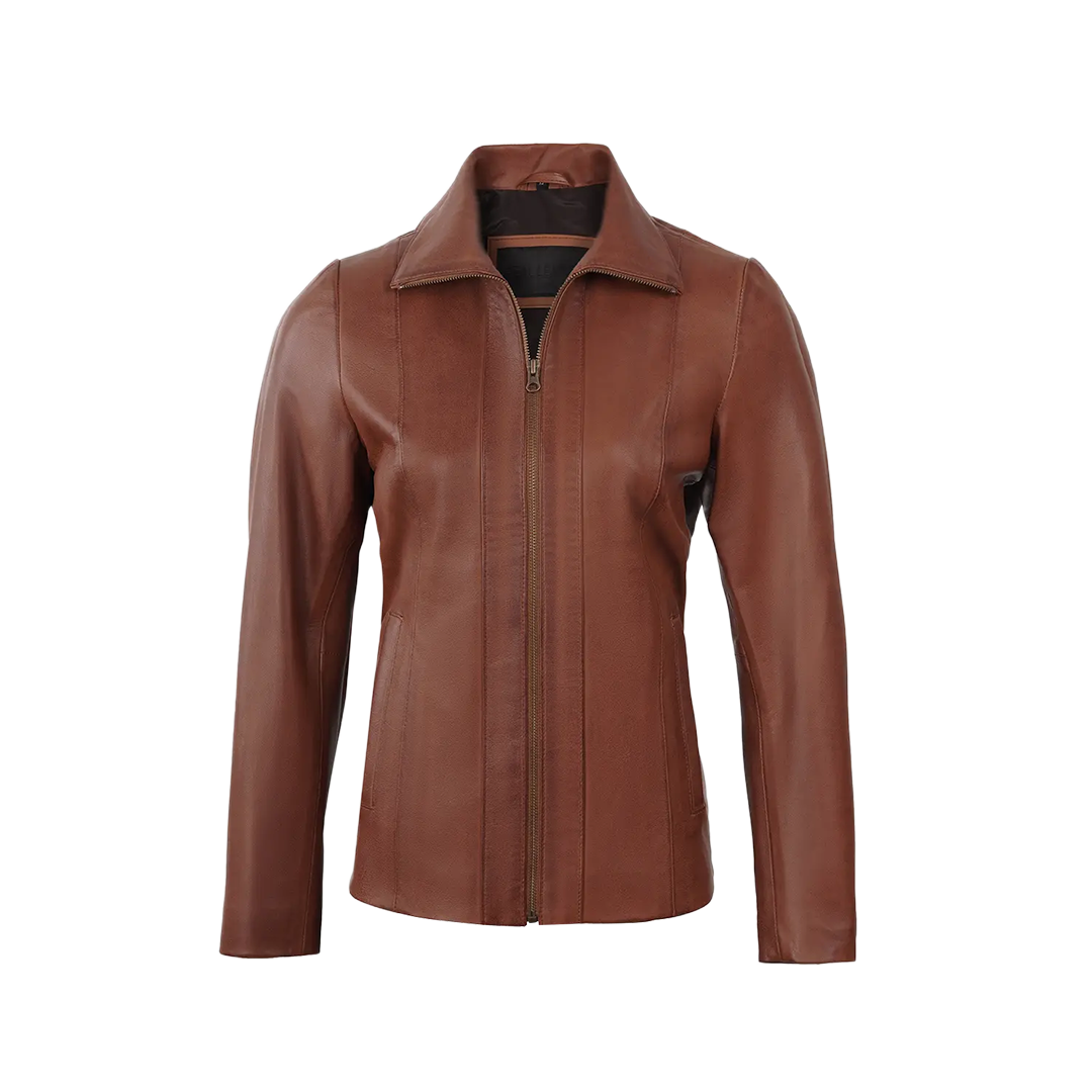 Women's Cognac Brown Harrington Style Leather Jacket