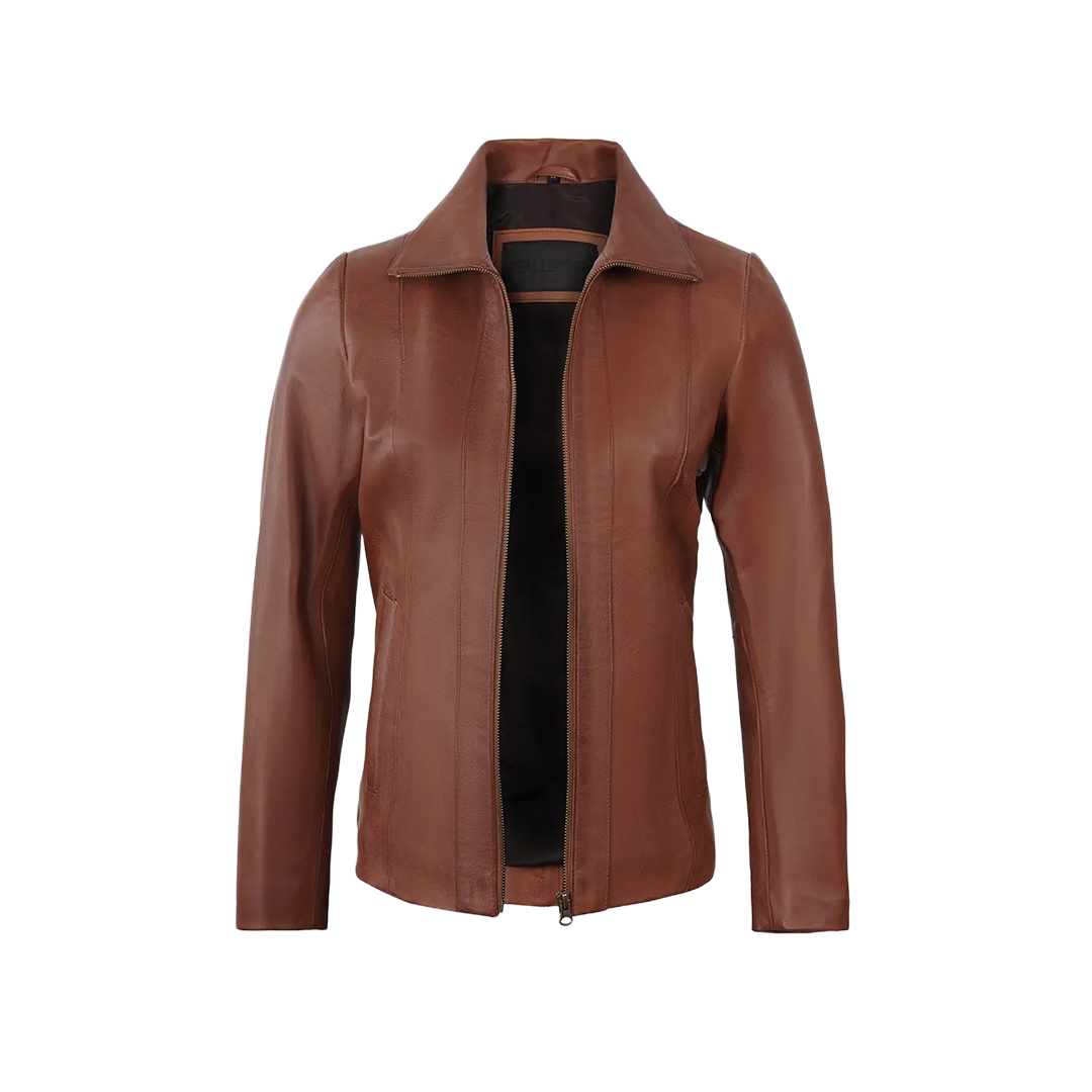 Women's Cognac Brown Harrington Style Leather Jacket