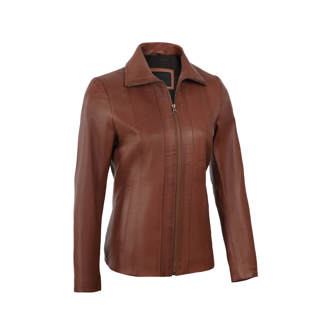 Women's Cognac Brown Harrington Style Leather Jacket
