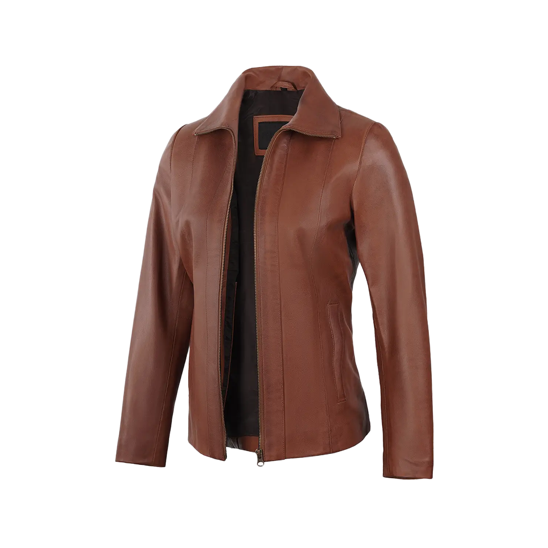 Women's Cognac Brown Harrington Style Leather Jacket