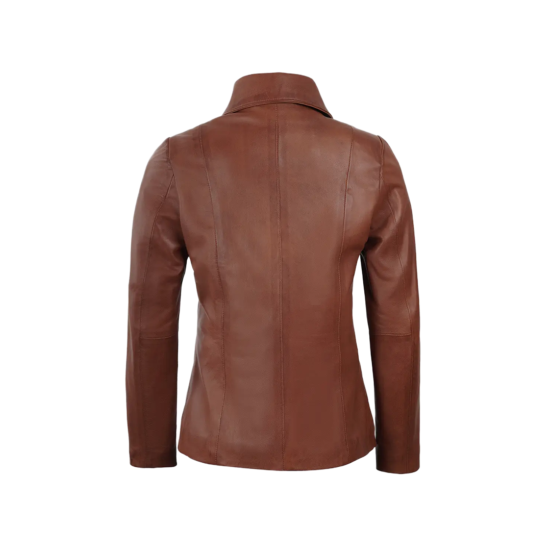 Women's Cognac Brown Harrington Style Leather Jacket