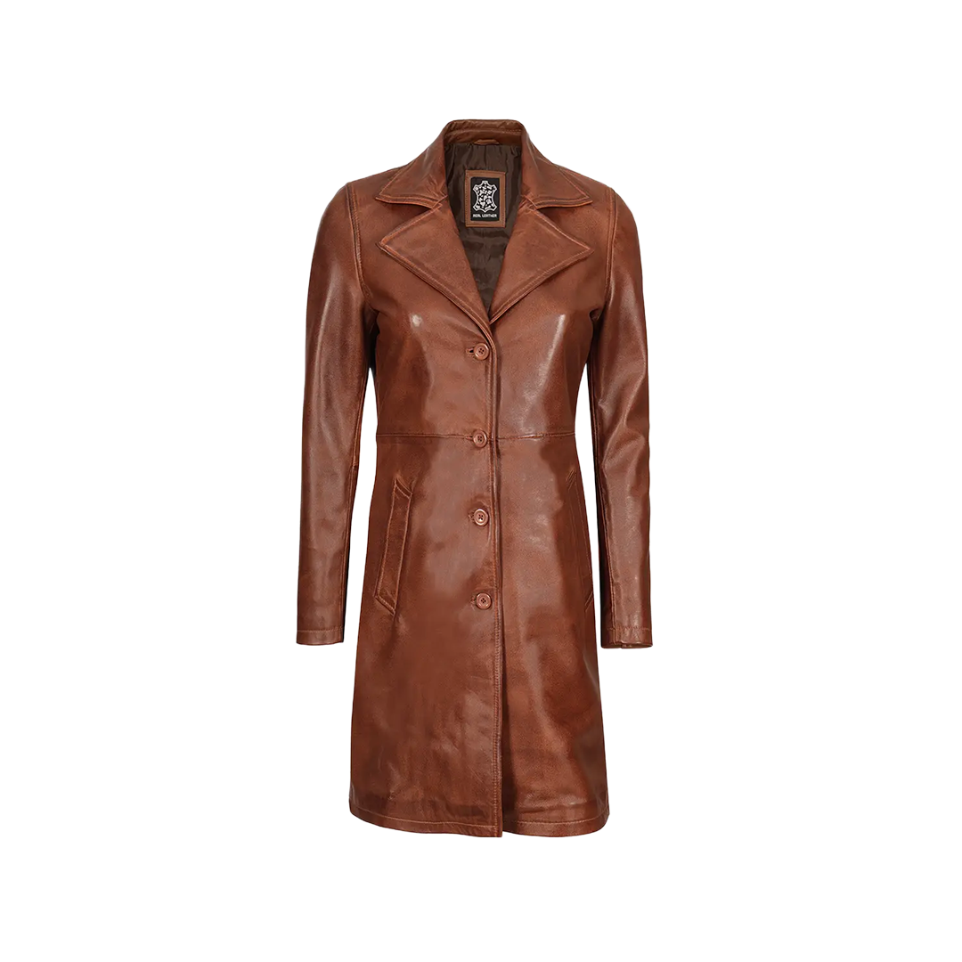 Women's Cognac Brown Real Leather 3/4 Length Coat