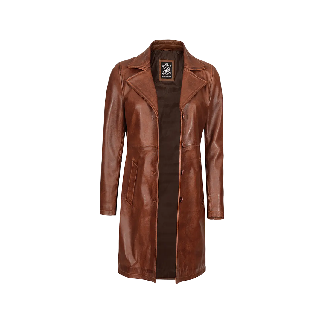 Women's Cognac Brown Real Leather 3/4 Length Coat