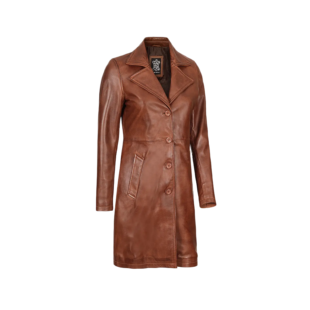 Women's Cognac Brown Real Leather 3/4 Length Coat