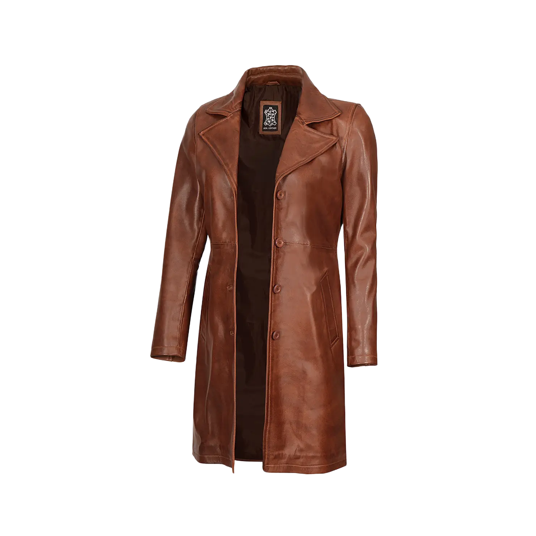Women's Cognac Brown Real Leather 3/4 Length Coat