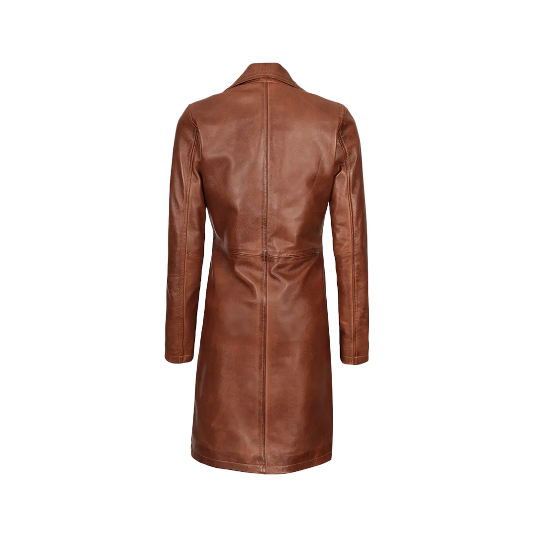Women's Cognac Brown Real Leather 3/4 Length Coat