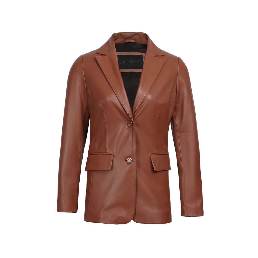 Women's Cognac Brown Leather Blazer Jacket - Two Button