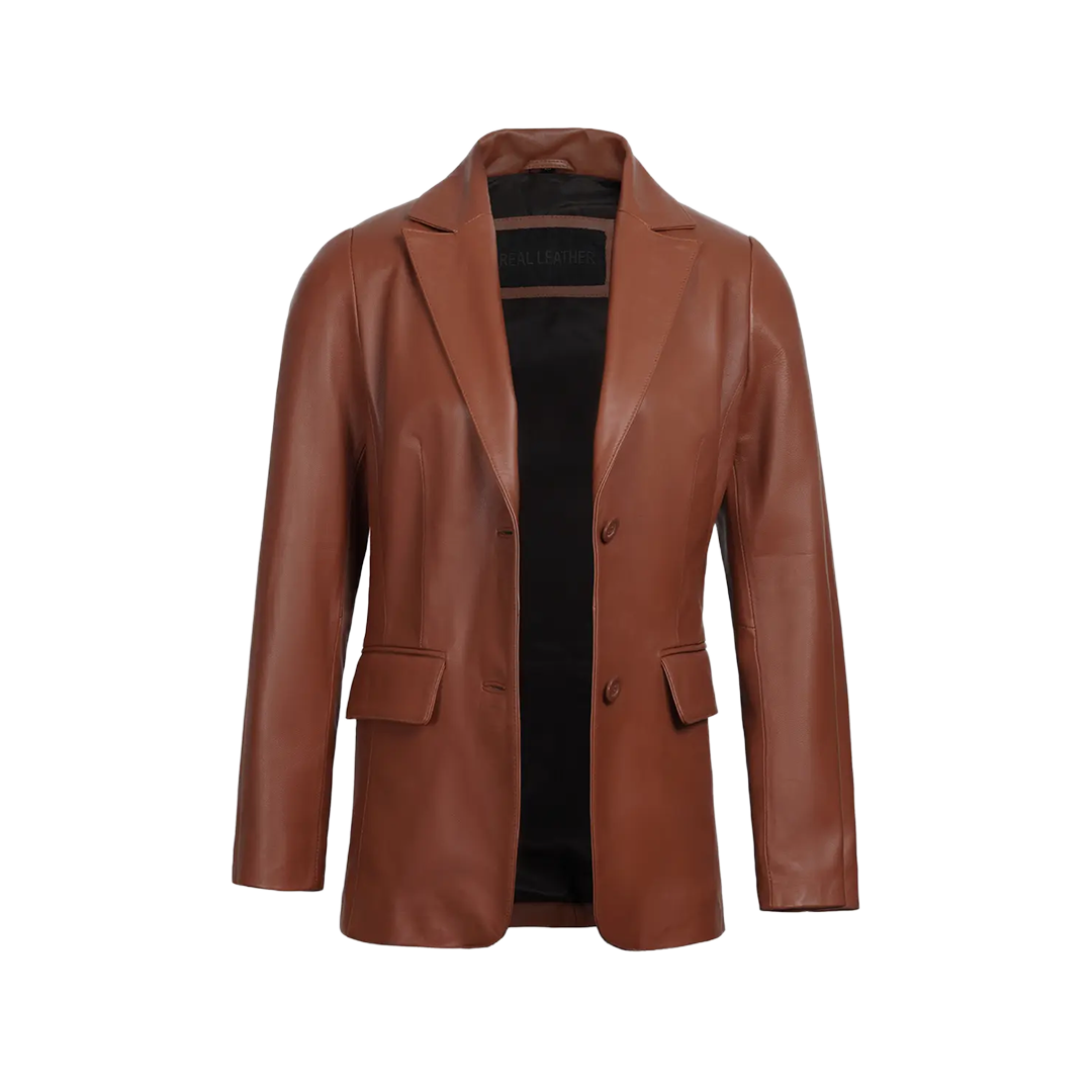 Women's Cognac Brown Leather Blazer Jacket - Two Button