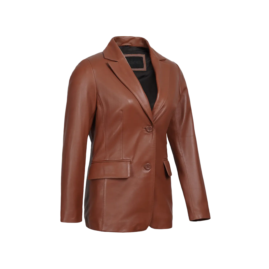 Women's Cognac Brown Leather Blazer Jacket - Two Button