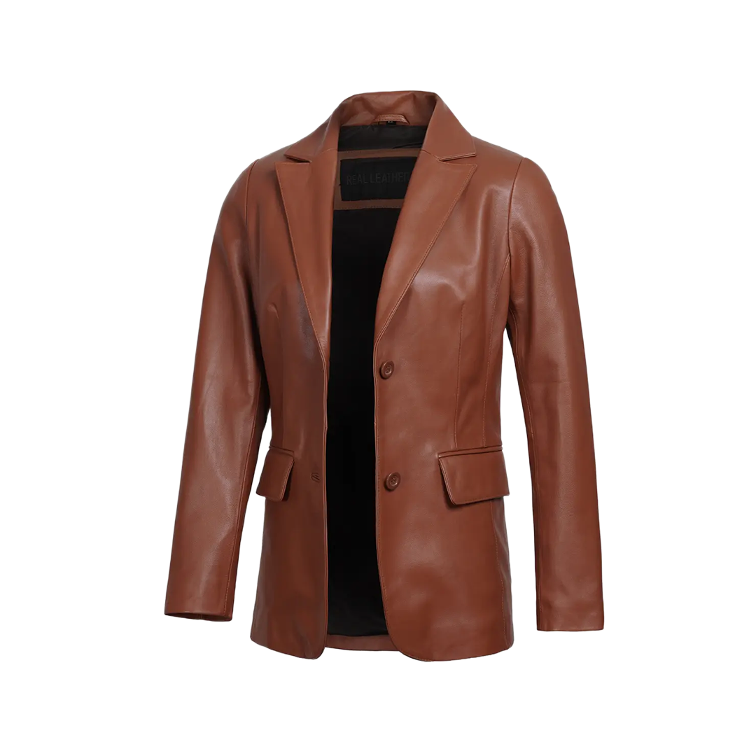 Women's Cognac Brown Leather Blazer Jacket - Two Button