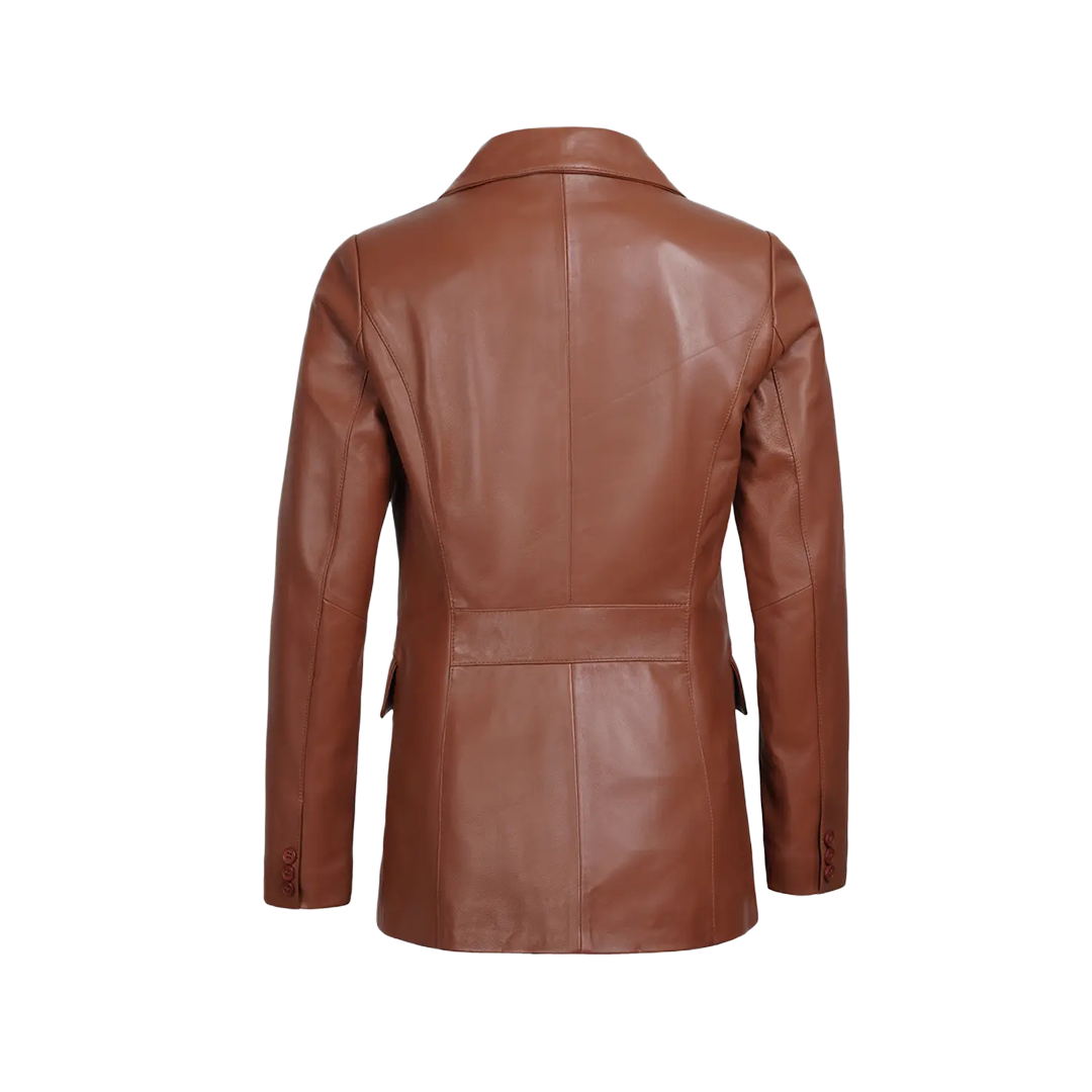 Women's Cognac Brown Leather Blazer Jacket - Two Button