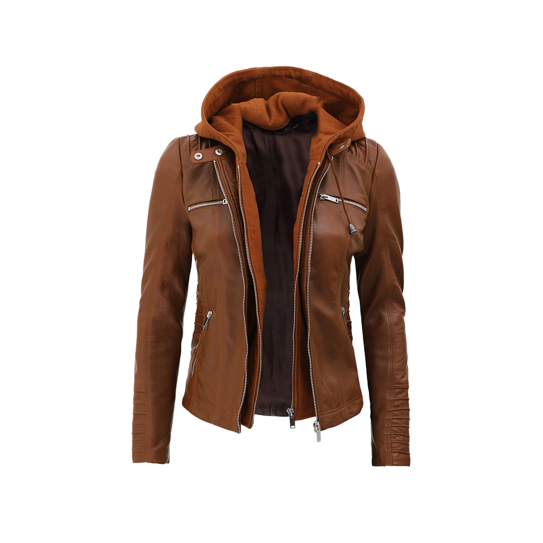 Women's Cognac Brown Leather Jacket With Removable Hood - Limited Stock