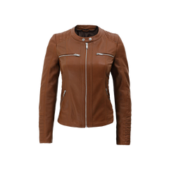 Women's Cognac Brown Leather Jacket With Removable Hood