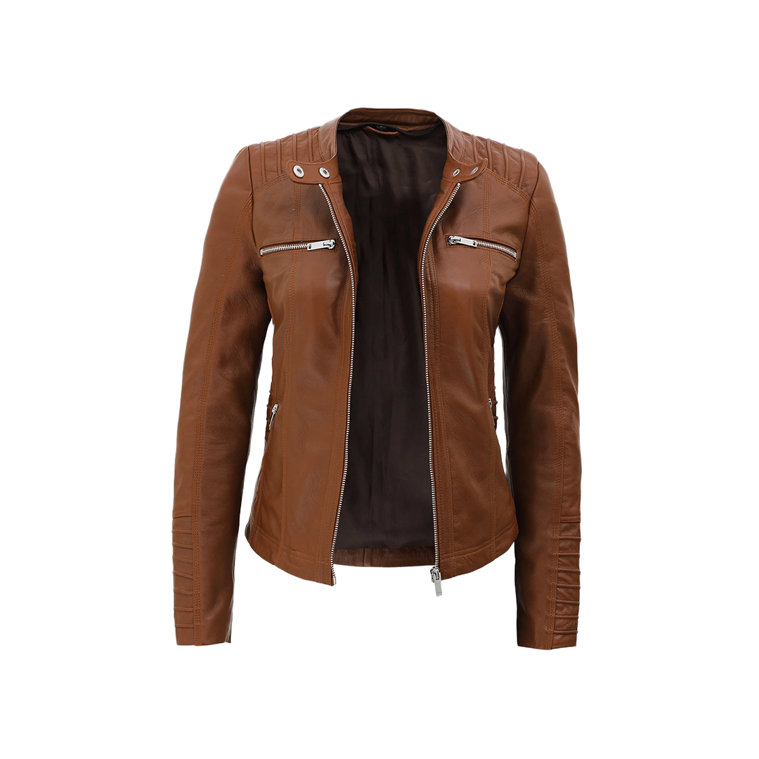Women's Cognac Brown Leather Jacket With Removable Hood - Limited Stock