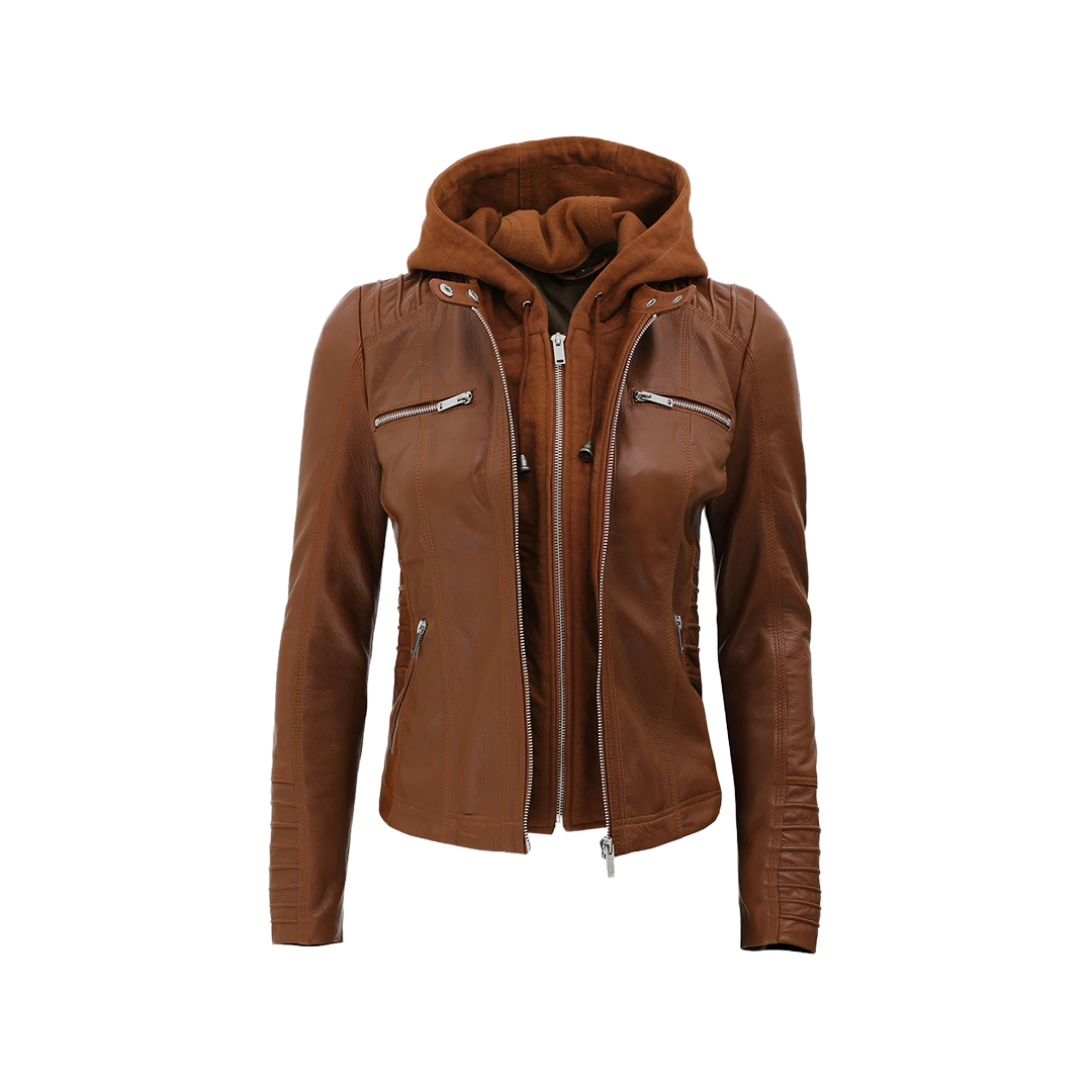Women's Cognac Brown Leather Jacket With Removable Hood - Limited Stock