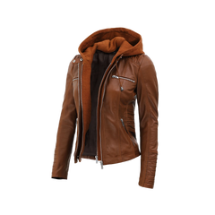Women's Cognac Brown Leather Jacket With Removable Hood
