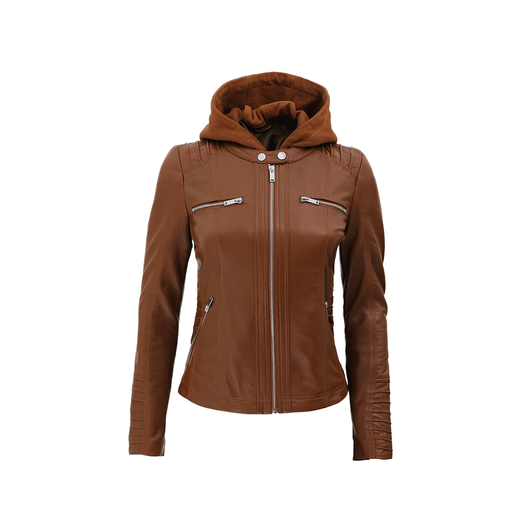 Women's Cognac Brown Leather Jacket With Removable Hood