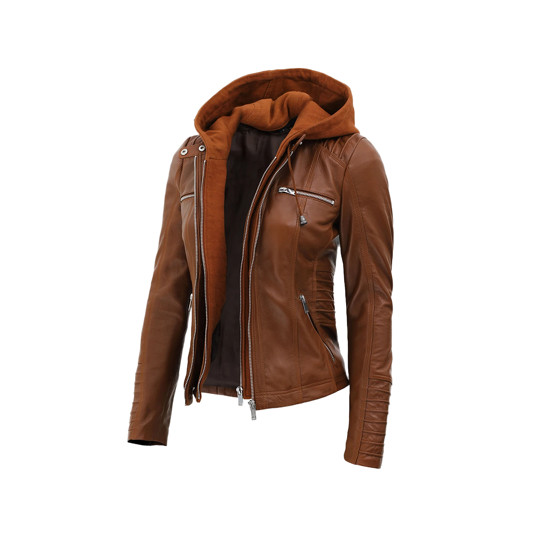 Women's Cognac Brown Leather Jacket With Removable Hood - Limited Stock