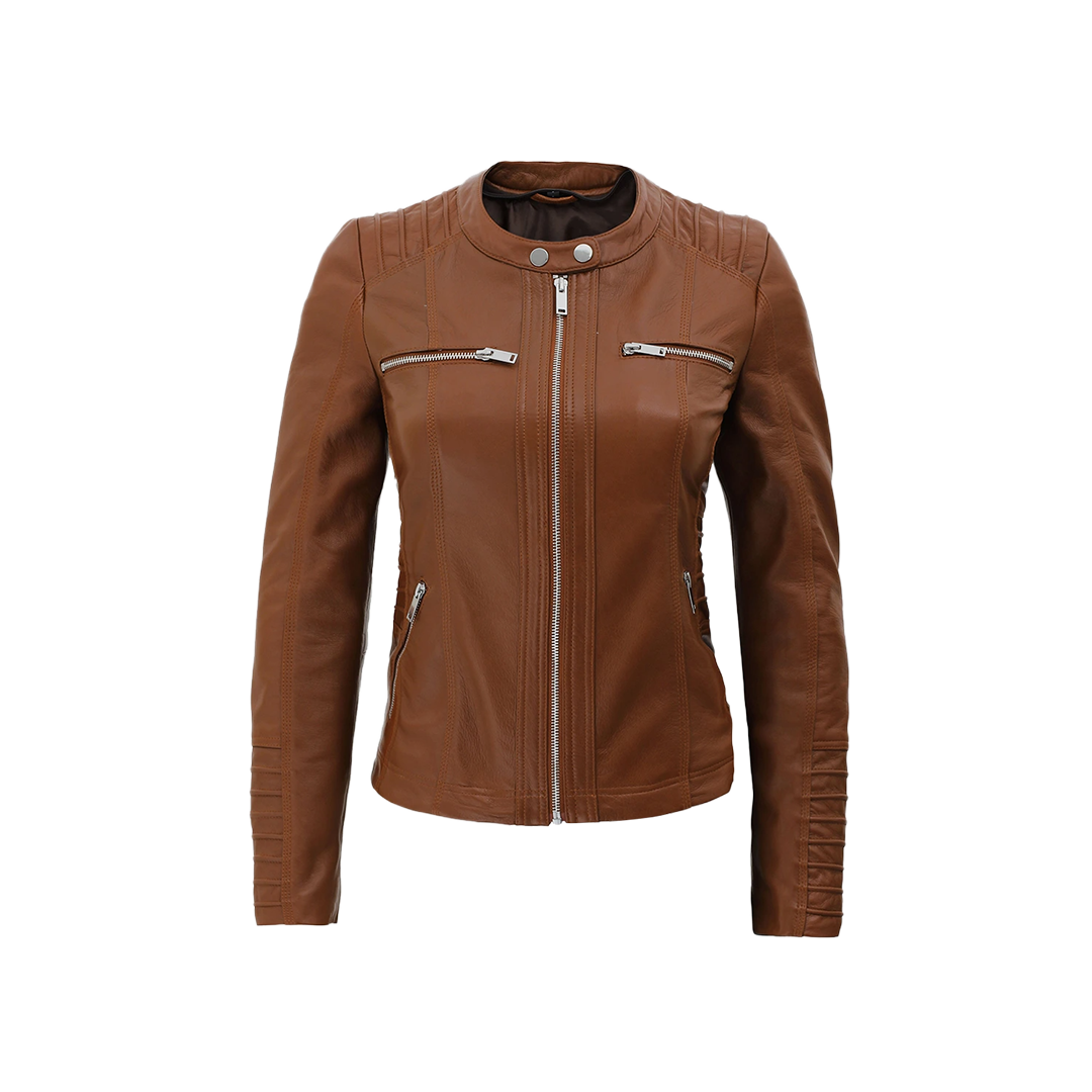 Women's Cognac Brown Leather Jacket With Removable Hood - Limited Stock