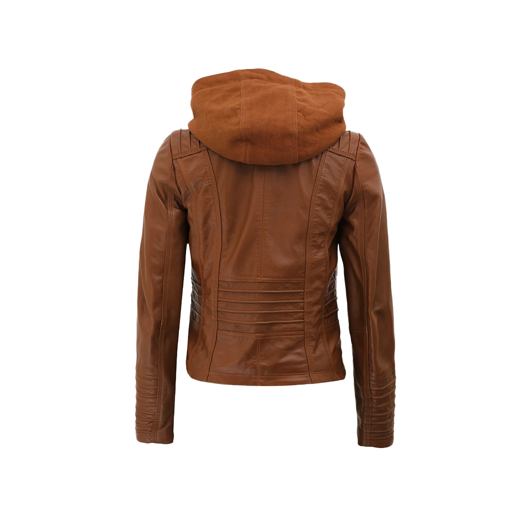 Women's Cognac Brown Leather Jacket With Removable Hood - Limited Stock