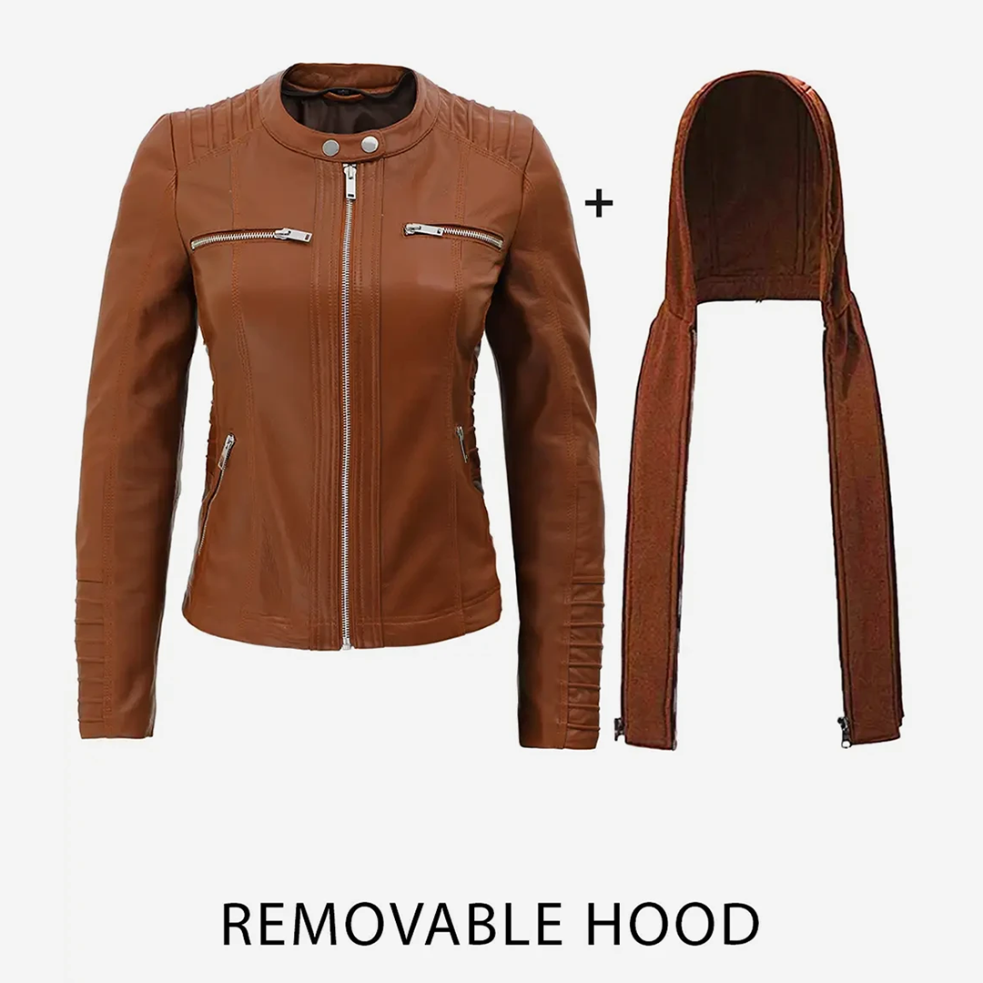 Women's Cognac Brown Leather Jacket With Removable Hood - Limited Stock