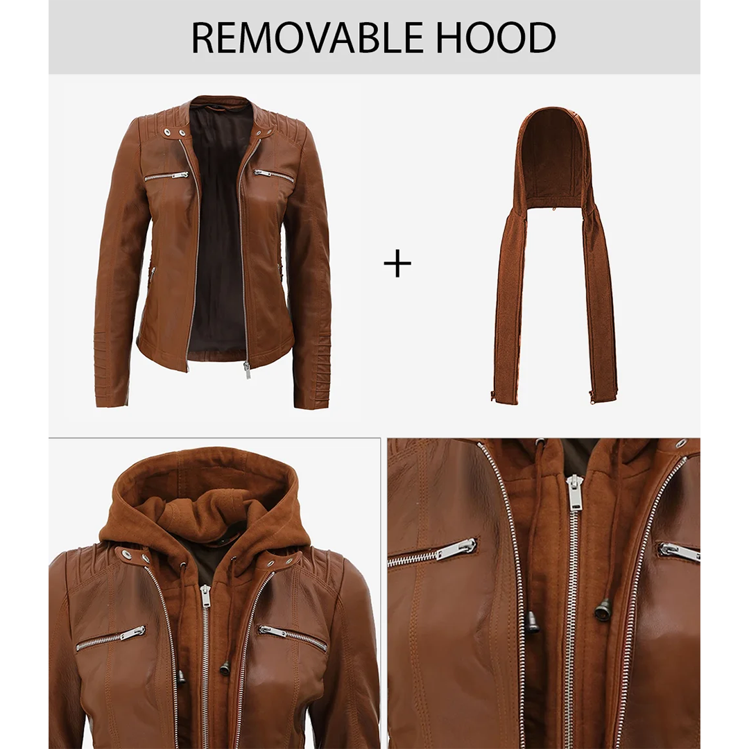 Women's Cognac Brown Leather Jacket With Removable Hood