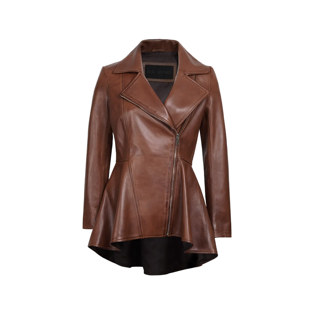 Women's Cognac Brown Peplum Leather Jacket
