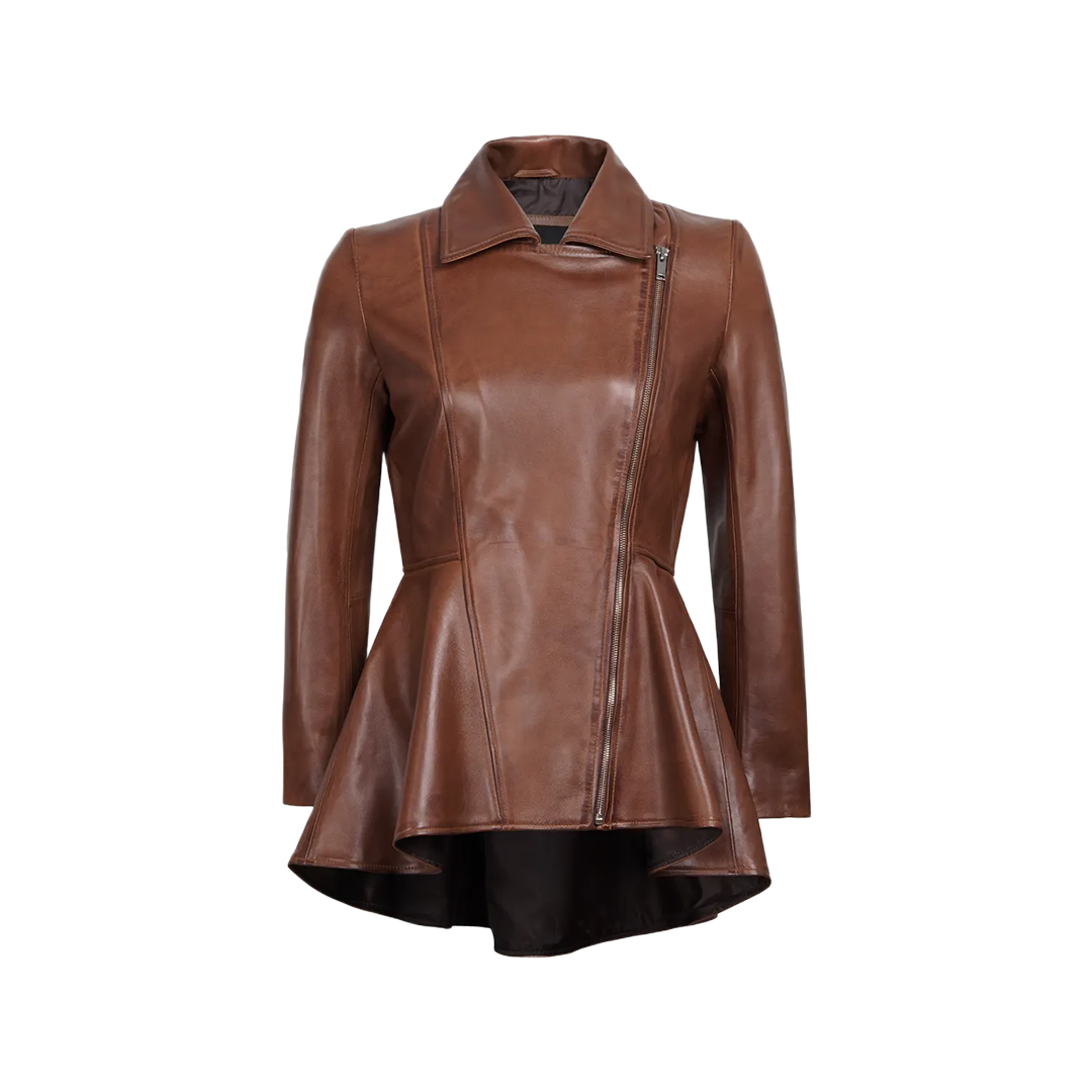 Women's Cognac Brown Peplum Leather Jacket