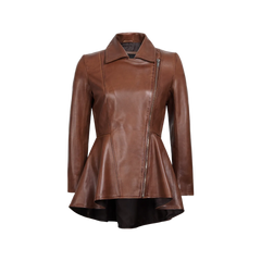 Women's Cognac Brown Peplum Leather Jacket