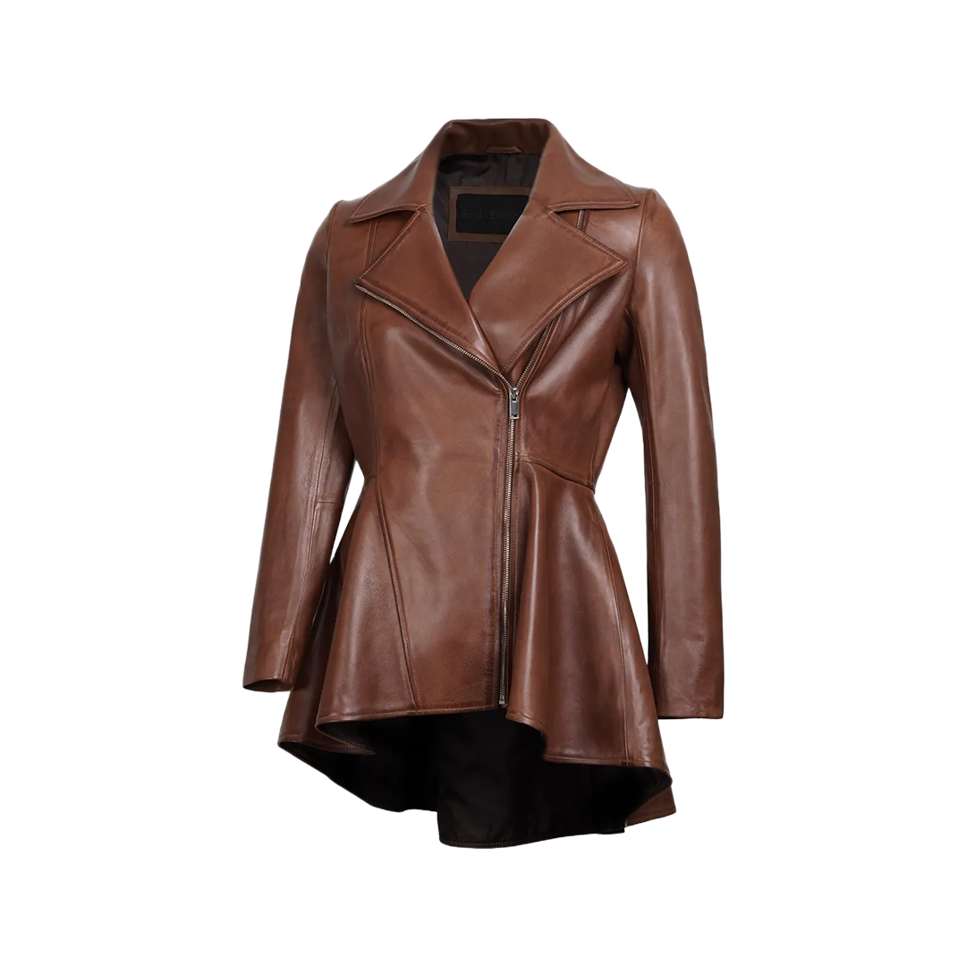 Women's Cognac Brown Peplum Leather Jacket