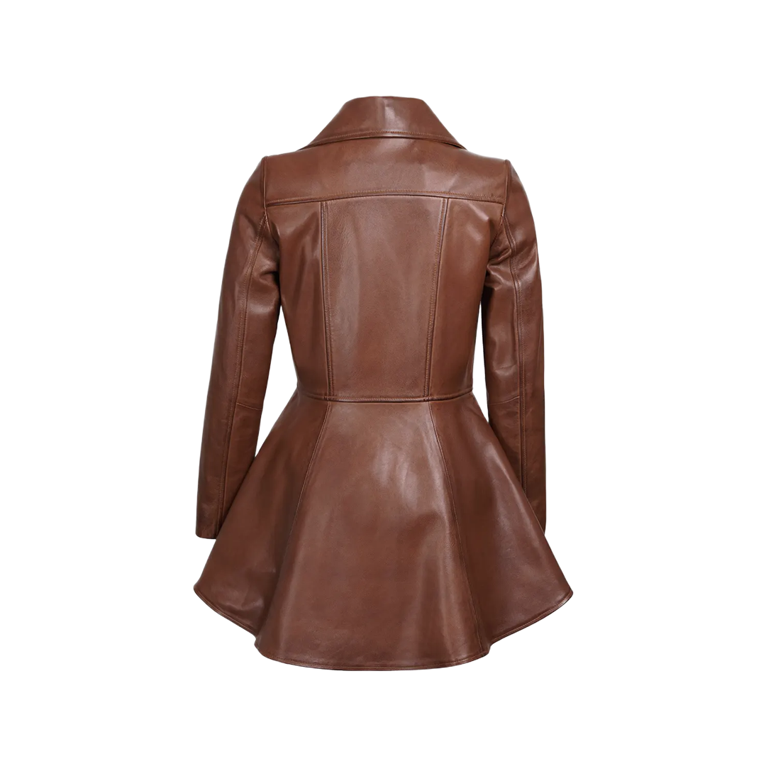 Women's Cognac Brown Peplum Leather Jacket