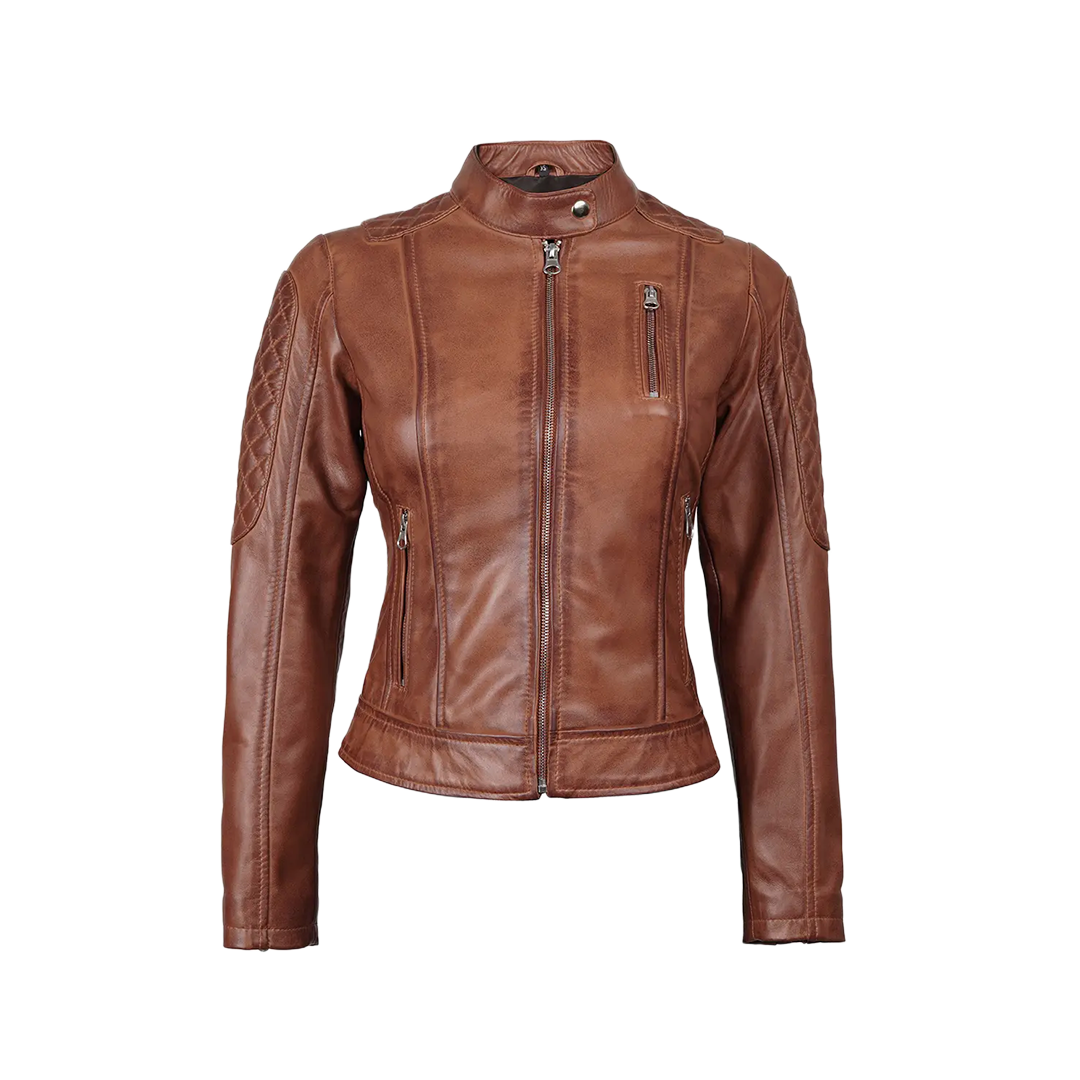 Women's Cognac Brown Quilted Leather Motorcycle Jacket