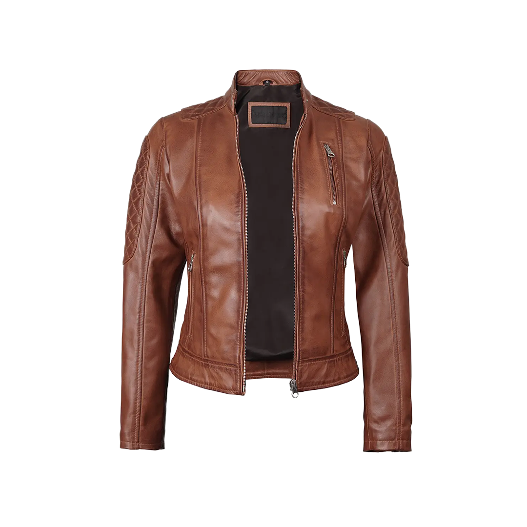 Women's Cognac Brown Quilted Leather Motorcycle Jacket