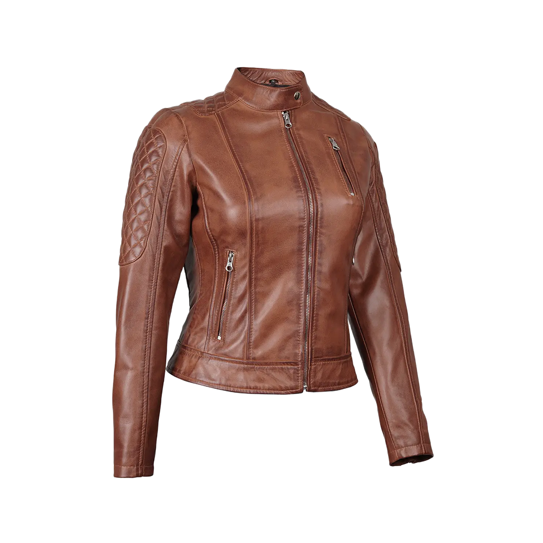 Women's Cognac Brown Quilted Leather Motorcycle Jacket