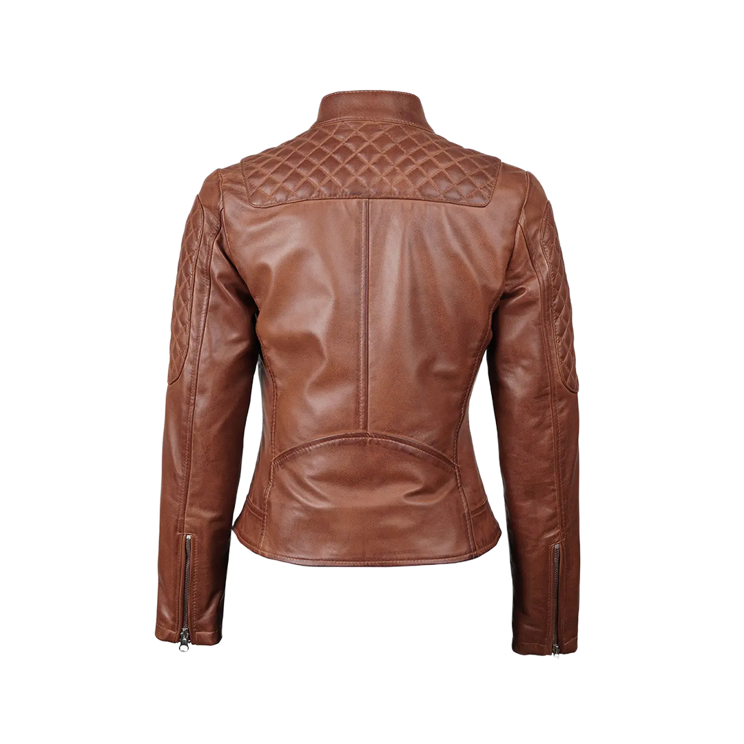Women's Cognac Brown Quilted Leather Motorcycle Jacket