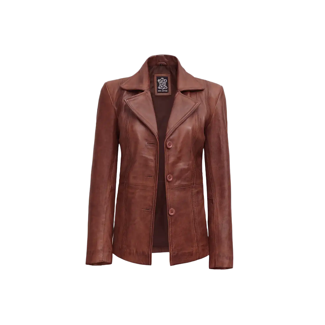 Women Cognac Brown Three Button Leather Blazer