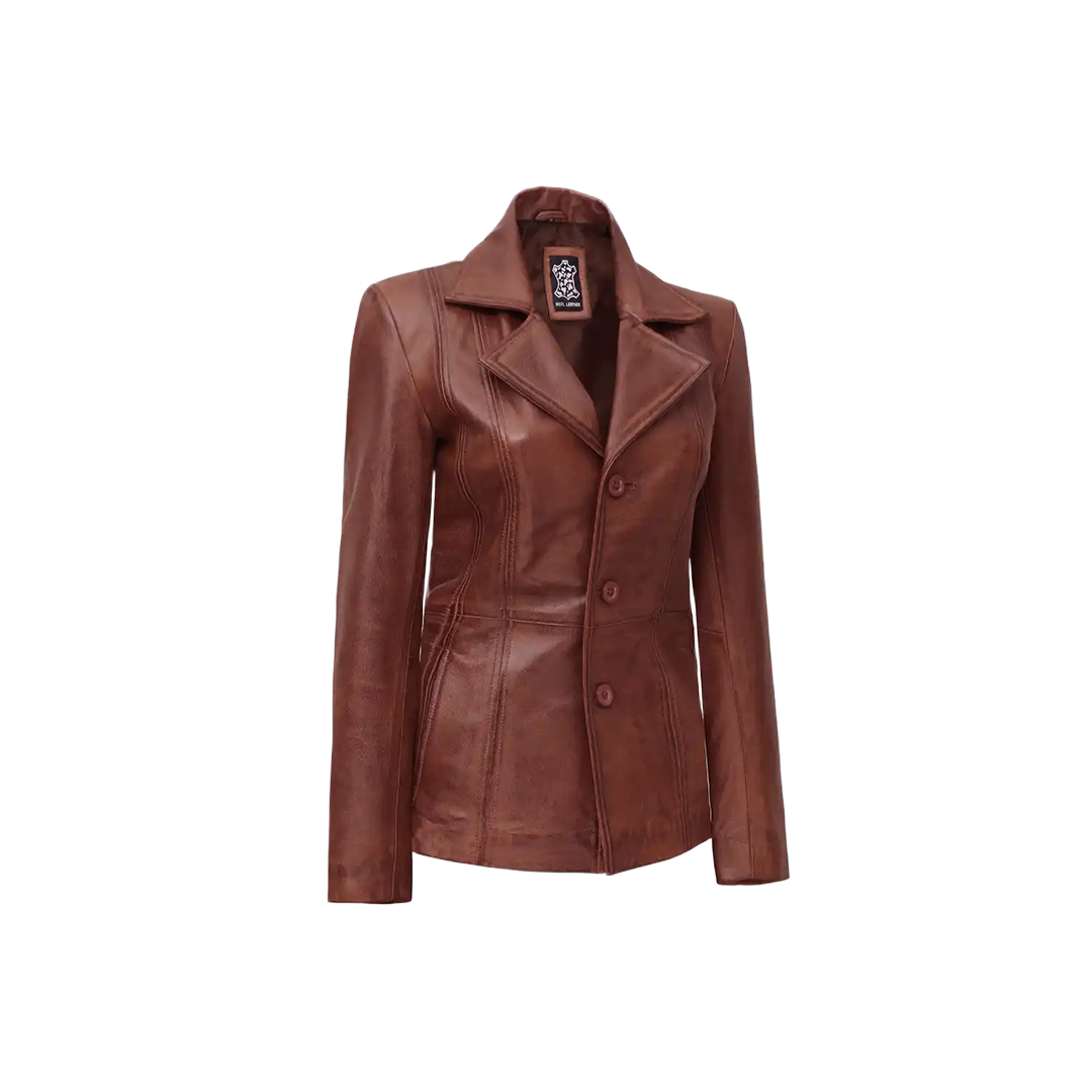 Women Cognac Brown Three Button Leather Blazer
