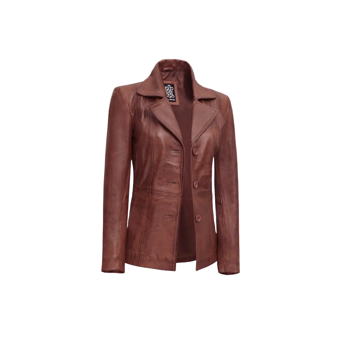 Women Cognac Brown Three Button Leather Blazer