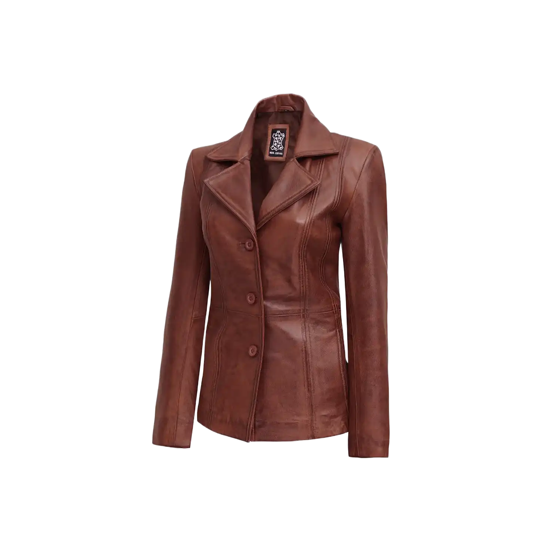 Women Cognac Brown Three Button Leather Blazer
