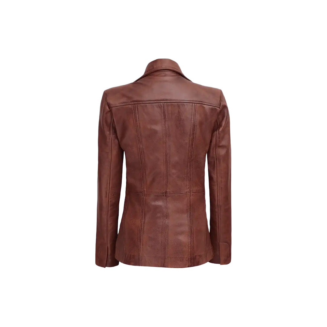 Women Cognac Brown Three Button Leather Blazer