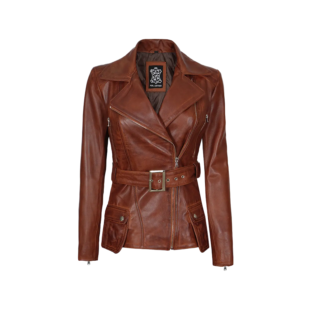 Women's Cognac Wax Asymmetrical Real Leather Jacket