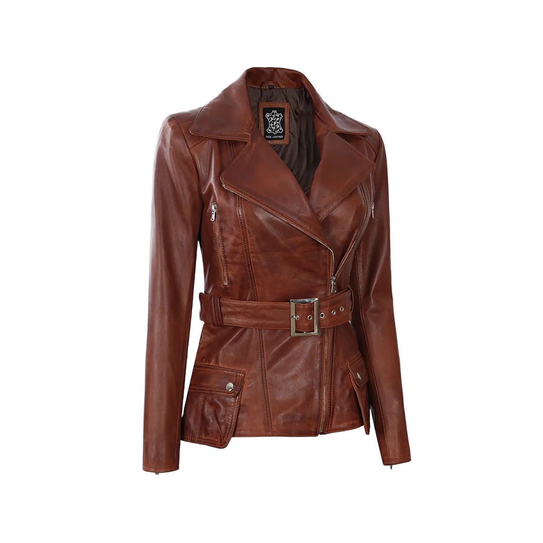 Women's Cognac Wax Asymmetrical Real Leather Jacket