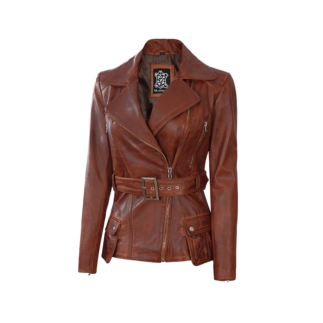 Women's Cognac Wax Asymmetrical Real Leather Jacket