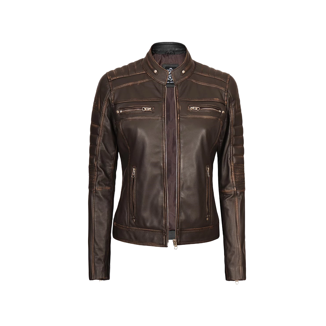Women's Dark Brown Cafe Racer Biker Jacket